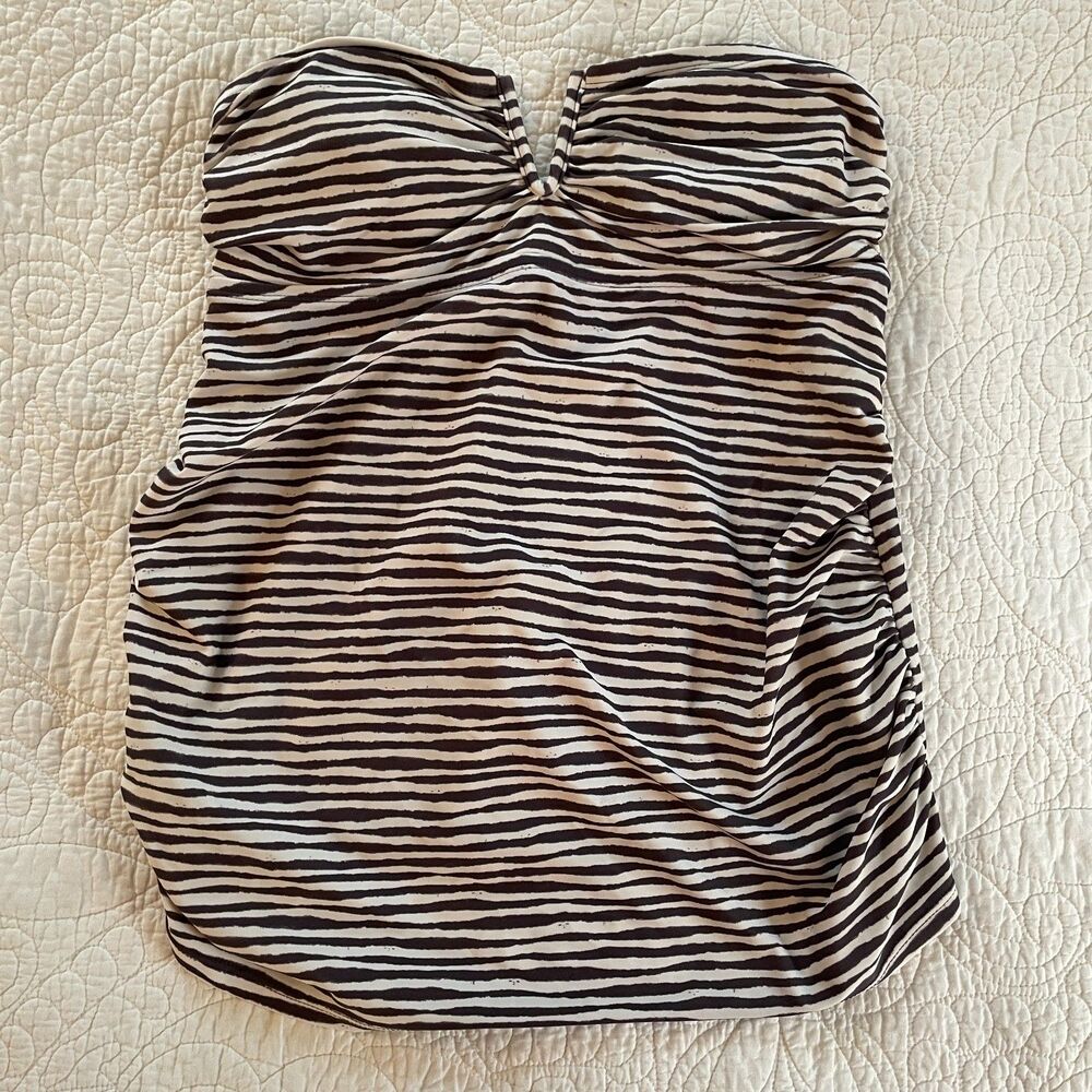 Liz Lange Maternity S Tankini Swim Top Gray White Stripe Ruched V-Neck Wireless